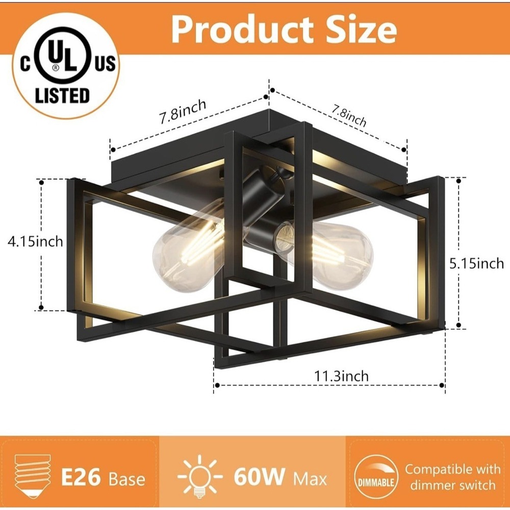 Black Rustic Metal Flush Mount Ceiling Light Fixture, 2-Light Industrial Farm...